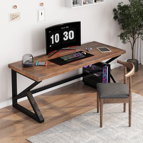 Sihtengxxhongs Solid Wood Desk 55 Inch Home Office Desk, Rustic Wooden Computer Desk with Heavy Duty Metal Frame, Large Writing Study Workstation for Bedroom, Living Room, Home Office - size: S009