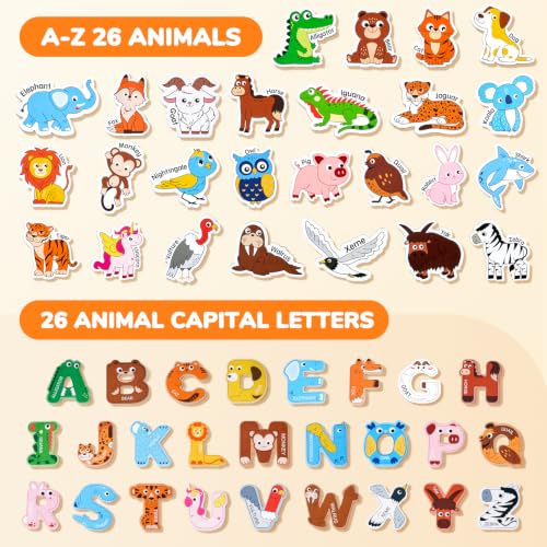 JoyCat Wooden Fridge Magnets, Cute Animal Alphabet Letters 52 Pcs - style: Letters+Animals