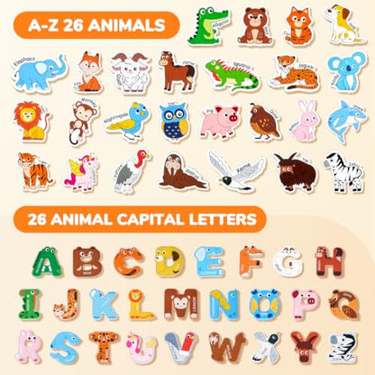 JoyCat Wooden Fridge Magnets, Cute Animal Alphabet Letters 52 Pcs - style: Letters+Animals