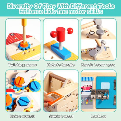 GAIETYDIY Montessori Toddler Tool Set - Wooden Kids Tools with Box/Bench - color: House