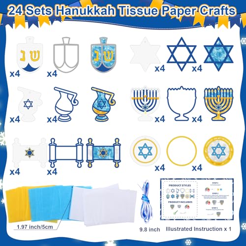 Feifeiya 24 Sets Hanukkah Suncatcher Crafts, Tissue Paper Crafts, Hanukkah - style: Hanukkah