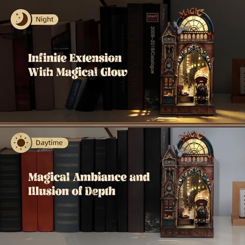 FUNPOLA LED 3D Puzzle Magic Station Book Nook Kit - Interactive 3D Wood Puzzle LED Magical Miniature with Infinite Extension Space - DIY Bookshelf Insert Decor Gifts(Magic Station) - color: Magic Station
