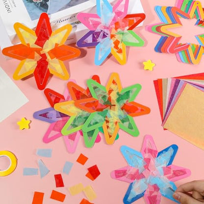 Qyeahkj 36 Set Summer Star Suncatchers Crafts for DIY Star Window Tissue Paper Craft Kit Art Ornament Hanging Decor for Home Activity Art Project Birthday Party Favors Gifts - style: Star