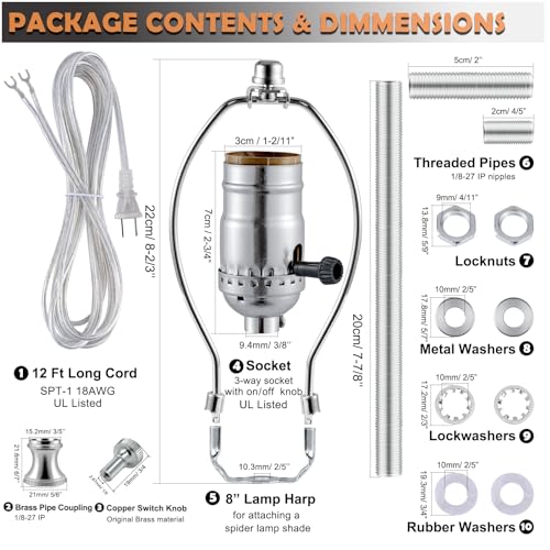 Lamp Making Kit,Make a Lamp or Repair Kit,3-Way Lamp Socket with Matching Cord Lamp Harp Set,Lamp Wiring Kit for Table Floor Lamp,Essential Hardware for DIY Lamp Design or Repair (Silver, 1) - style: Silver