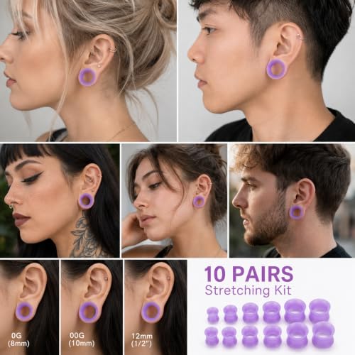Oyaface 20 PCS Piercing Tunnel Set Soft/Hard Silicone Flesh Ear Plugs 2g-25mm Flexible Ear Stretching Gauge Expander - color: Purple(thin)