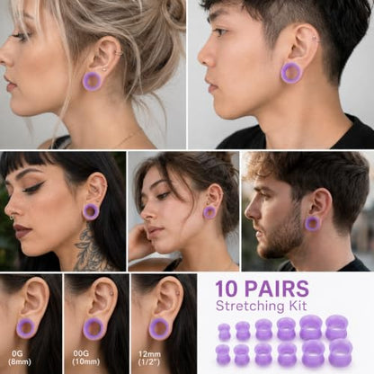 Oyaface 20 PCS Piercing Tunnel Set Soft/Hard Silicone Flesh Ear Plugs 2g-25mm Flexible Ear Stretching Gauge Expander - color: Purple(thin)