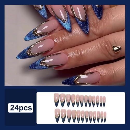 Stiletto Press on Nails Medium Blue Fake Nail Golden Embossed Acrylic Nail Press ons Cat Eye Stick on Nail for Women 24pcs - color: Color37