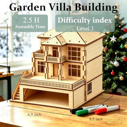 3D Wooden Puzzle for Adults DIY Miniature House Building kit Three Layer - color: Garden Wood Color 03