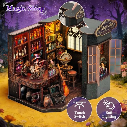 Book Nook Kit – DIY Miniature House Dollhouse for Adults & Teens, 3D Wooden Puzzle Tiny House Bookshelf Insert with LED Lights, Magic Booknook Library Decor Gift for Halloween & Christmas - style: Magic Shop