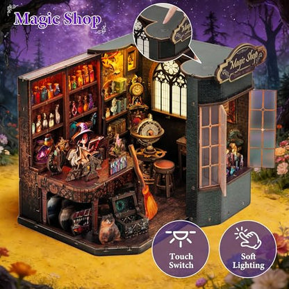 Book Nook Kit – DIY Miniature House Dollhouse for Adults & Teens, 3D Wooden Puzzle Tiny House Bookshelf Insert with LED Lights, Magic Booknook Library Decor Gift for Halloween & Christmas - style: Magic Shop