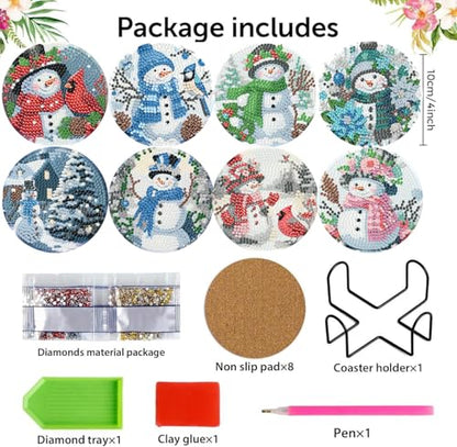 8 PCS Christmas Diamond Art Coasters Kits with Holder Cork Pads - color: Christmas Snowman a Coasters