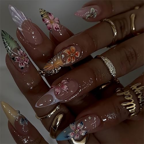 3D French Tips Fake Acrylic Nails Medium Press on Nails Almond Handmade Glue on Nails with Cute Flowers and Water Ripples Designs Press on False Nails Glossy Stick on Nail for Women 24pcs - color: Style11