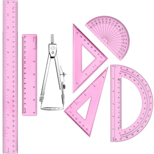 Zonon 7 Pcs Geometry Set with Drawing Compas, 6&4 Inch Protractors, Pink - color: Pink