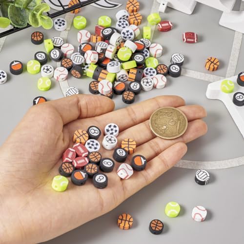 200Pcs Sports Polymer Clay Beads - Basketball, Football, Volleyball, Rugby, Baseball, Ping Pong, Billiards, Spacer Beads for DIY Bracelet, Earring, Key Chain Jewelry Making - color: Sports Theme