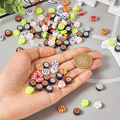200Pcs Sports Polymer Clay Beads - Basketball, Football, Volleyball, Rugby, Baseball, Ping Pong, Billiards, Spacer Beads for DIY Bracelet, Earring, Key Chain Jewelry Making - color: Sports Theme