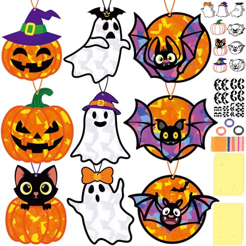 Renbuzhu 40PCS Halloweens Crafts Bulk: Ghosts Pumpkins Paper Suncatchers DIY Kit Party Activities Decorations, Window Stained Glass Effect Art Supplies - style: halloween
