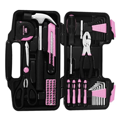 58-Piece Household Tool Set for Women with Plastic Toolbox, Pink - color: Pink, size: 58-Piece