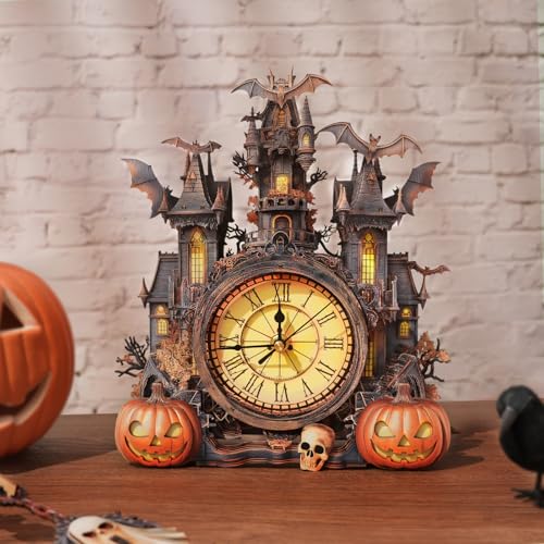 3D Puzzle for Adults Clock, Halloween Hut Clock Design Model Kit - color: Halloween Hut