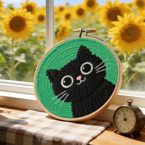 BEUNITONE 2Pcs Cute Cat Punch Needle Kit for Beginners, with Hoop-20x20cm - color: 03-Peeking Cat