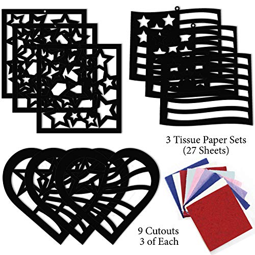 VHALE Suncatchers Craft 3 Sets (9 Cutouts) w Tissue Papers Stained Glass Effect Paper Sun Catcher Kit, Window Art, Classroom Crafts, Kids Party Favors (Patriotic, Independence Day) - style: Patriotic