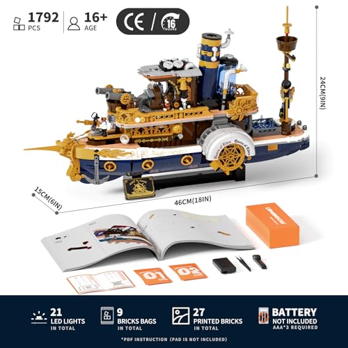 Lumibricks Steampunk Steamship Lighting Building Bricks Set - Steamboat Model Pirate Ship Destroyer Playset Collection Display kit with Minifigures 1792 Pcs for Adults & Teens & Steampunk Lovers