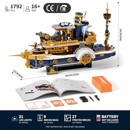 Lumibricks Steampunk Steamship Lighting Building Bricks Set - Steamboat Model Pirate Ship Destroyer Playset Collection Display kit with Minifigures 1792 Pcs for Adults & Teens & Steampunk Lovers