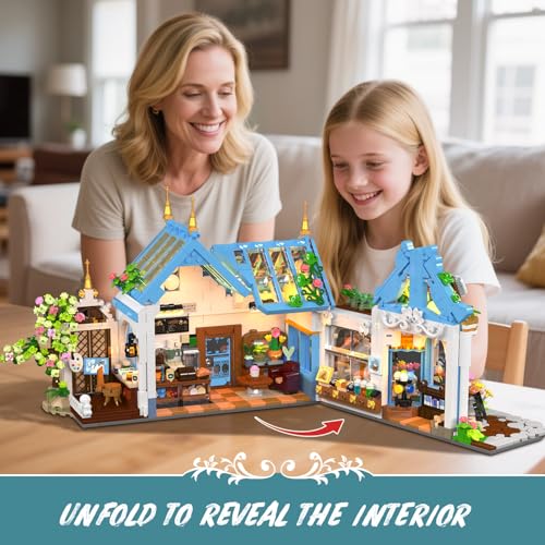 PLAXSOON Flower Café House Building Set with Lights and Openable Design