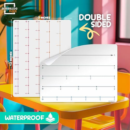 SCRIBBLEDO Fraction 9”x12” Dry Erase Number Line for Students Small White Board Dry Erase Sheets Math Manipulatives Numberline Homeschool Supplies Teacher Classroom Pack of 10 Sheets