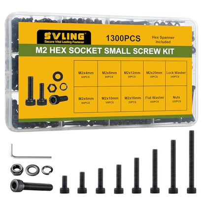 1300Pcs M2 Screws Assortment Kit,Hex Socket Head Cap Screws Bolts Nuts Washer Set,12.9 Grade Alloy Steel,Black Oxide M2 x 4/6/8/10/12/16/20mm,for 3D Printer,DIY Project - size: M2 1300PCS Socket Black