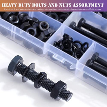 224 PCS Metric M6 M8 M10 Heavy Duty Hex Cap Bolts and Nuts Flat & Lock Washers Assortment Kit, 12.9 Grade Alloy Steel Metric Fully Thread Hexagon Allen Machine Bolt, 8 Most Common Sizes, DIN 933 - style: black-M6 M8 M10 Hex Bolts