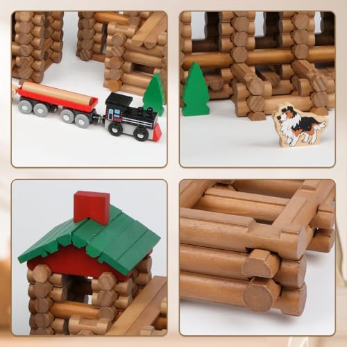 Wondertoys 208 Pcs Wooden Log Set - Classic Building Logs Ages 3+ - Best Retro Building Gift Set for Boys - Creative Construction Engineering Educational Gifts - style: 208PCS Classic