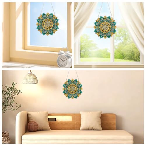 AIRDEA Hanging Diamond Painting Kits Mandala,Special Shaped Diamond Art Kits Geometric Flower Gem Art Pendant Decor,7.76x7.76in - color: green golden blue