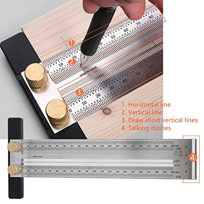 Marking T-Rule Stainless Steel T Type Hole Ruler Carpenter Mark T-Rule Marking Measuring Tool with Automatic Pencil Positioning Scribing 200mm/300mm/400mm(300mm) - size: 300mm