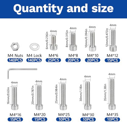 420Pcs M4 201 Stainless Steel Hex Socket Cap Bolt & Nut Set - size: M4x6/8/10/12/16/20/25/30/35-420Pcs