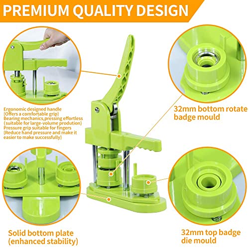 Button Maker Machine 32mm (1.25 in) for DIY Gift,Installation-Free Pin Maker Machine,Button Press Machine with Free 500pcs Button Parts & 100pcs Pictures &Adjustable Circle Cutter(Green) - size: Round 32mm (1.25 inch)