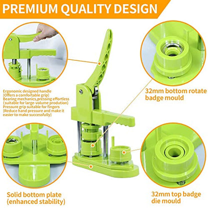 Button Maker Machine 32mm (1.25 in) for DIY Gift,Installation-Free Pin Maker Machine,Button Press Machine with Free 500pcs Button Parts & 100pcs Pictures &Adjustable Circle Cutter(Green) - size: Round 32mm (1.25 inch)