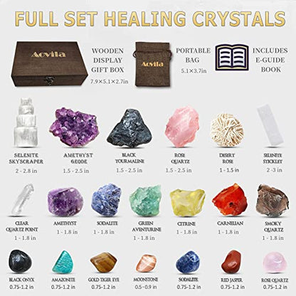 Premium Crystals and Healing Stones Set in Wooden Box Healing Crystals Set for Beginners - Chakra Stones Raw Crystals and Stones Amethyst Cluster Rose Quartz e-Book Healing Crystal Gifts for Women