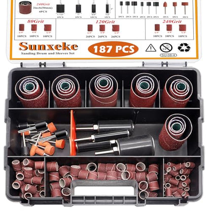 187-Piece Sanding Drum Kit for Drill & Drill Press – Includes 2inch Spindle Sander Sleeves (60/80/120/240 Grit), 4 Rubber Sanding Drums, 1/4-Inch Shank,Versatile Sander Accessory with Box - color: 187pcs-2inch
