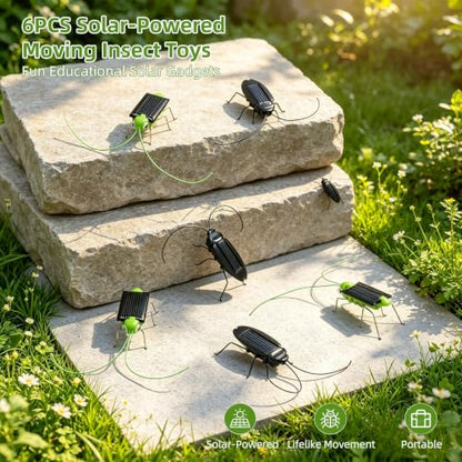6PCS Solar Powered Bugs Toys Lifelike Solar Crickets Grasshopper Insect Toys for Boys Girls Fake Roaches Moving Simulation School Science Educational