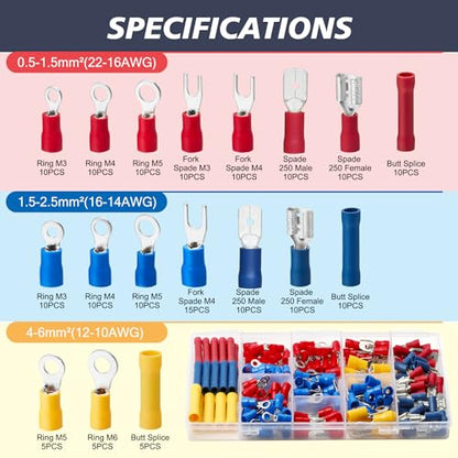 Chanzon 200pcs Insulated Crimp Wire Connector Terminal Assortment - size: 200pcs
