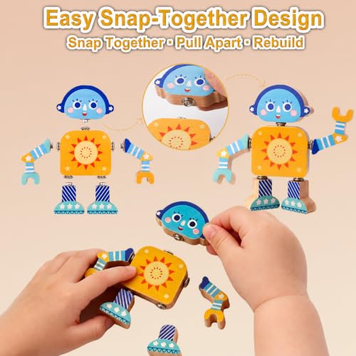 Wooden Robot Building Toy, 33-Piece Snap-Together Set, Ages 3-6