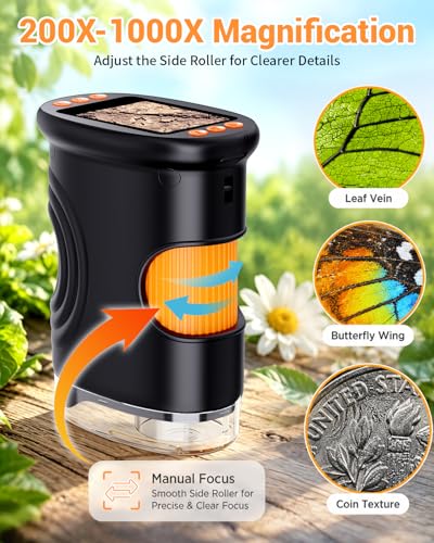 Kids Magnifying Glass 2-inch Digital Handheld Microscope for Kids - color: Black