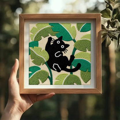DOODLREAM Cat Leaves DIY Punch Needle Embroidery Kit for Adult Beginner, 9.4" Cute Cat and Plant Leaves Punch Stitching Craft Set for Starter with Frame, Fabric Pattern, Threader, Yarn, Punch Needle - color: Cat