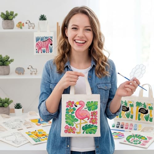 Aliceset 16 Pcs Color Your Own Bag Tote Bag Painting - style: Tropical Animal