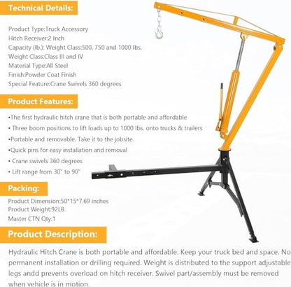GarveeLife 1000 LBS Hydraulic Pickup Truck Crane, 360° Swivel Hitch Mounted Hoist with 3 Adjustable Booms, Truck Bed Crane for Lifting Engine, Deer, or Construction Goods-Yellow - color: Yellow