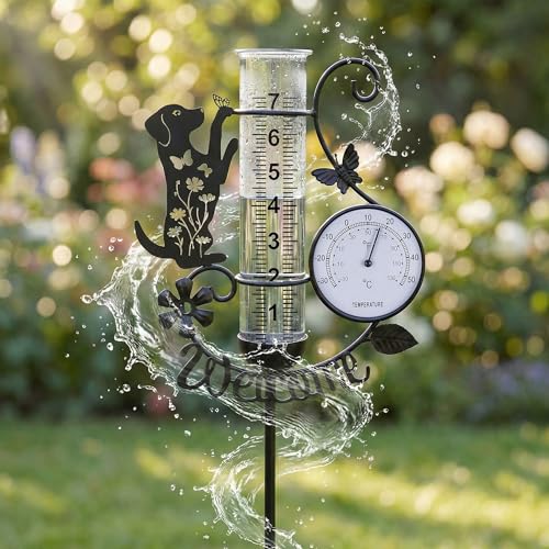 37.8" Rain Gauge Outdoor with Thermometer, Cute Dog Garden Rain Gauges - color: Black - Dog