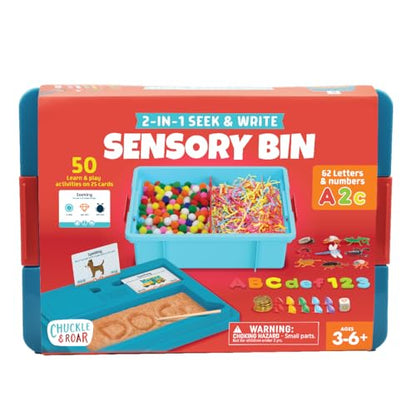 Chuckle & Roar 2-in-1 Seek & Write Sensory Bin – Montessori Tactile Learning Activity Set with Sand Writing Lid, 50 Activities, Tools & Storage Bin for Kids Ages 3-6+