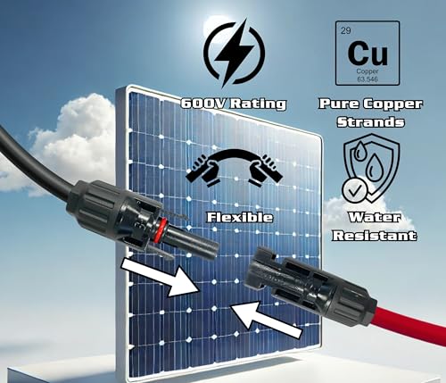 WindyNation 10 Gauge 10 AWG Pair 15 Feet Black + 15 Feet Red PV Photovoltaic Solar Panel Extension Cable Wire Solar Connectors - color: 15 Feet Black + 15 Feet Red, size: 10 AWG Solar Cable