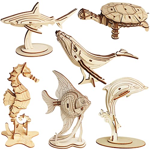 3D Wooden Sea Animal Puzzle, 6 Piece Set Wood Sea Animals Skeleton DIY Assembly Model Kits, Wooden Crafts Brain Teaser Puzzle, STEM Gifts for Adults & Teens Birthday Gifts Xmas - color: Sea Animals