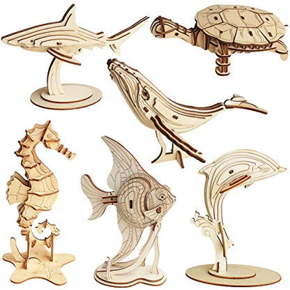 3D Wooden Sea Animal Puzzle, 6 Piece Set Wood Sea Animals Skeleton DIY Assembly Model Kits, Wooden Crafts Brain Teaser Puzzle, STEM Gifts for Adults & Teens Birthday Gifts Xmas - color: Sea Animals